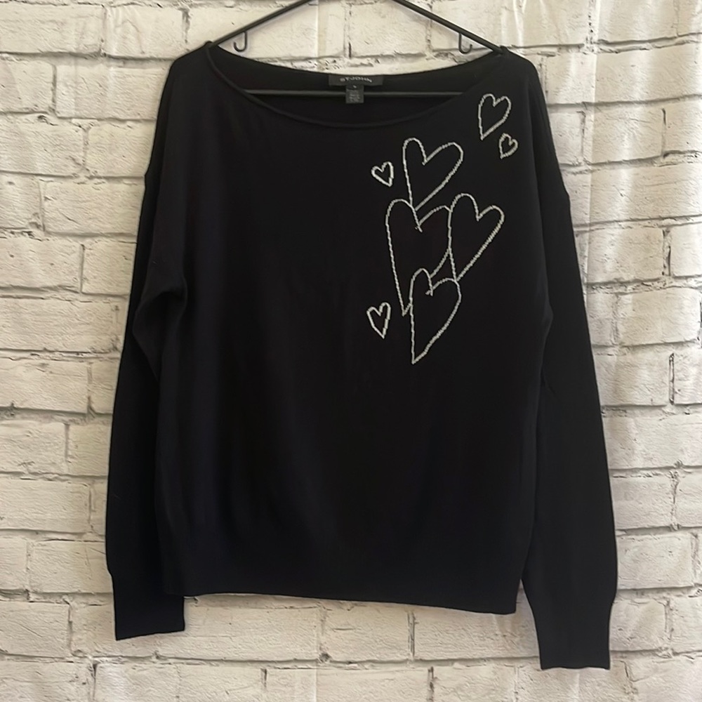 St. John Black Sweater with White Heart Embroidery